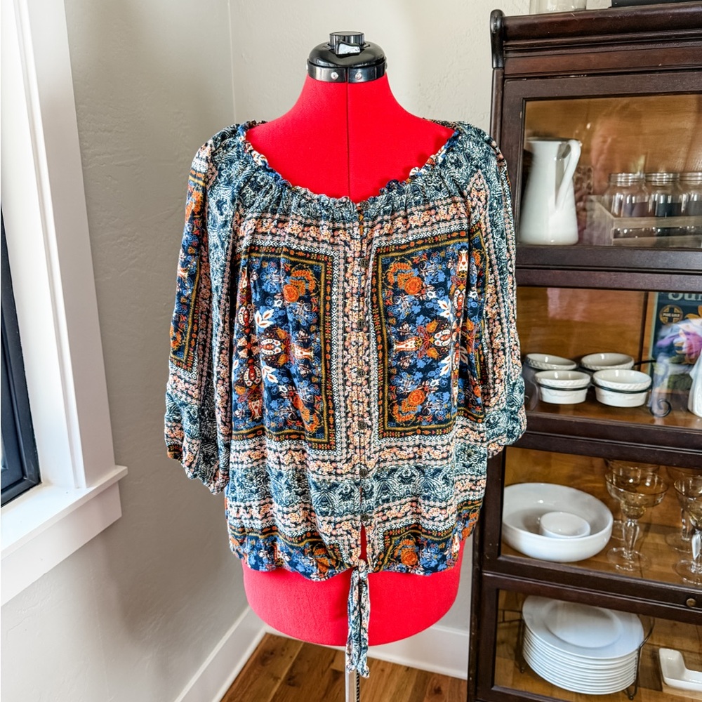 Mason & Belle Boho Peasant Floral Patchwork Print Blouse Plus Size 1X
